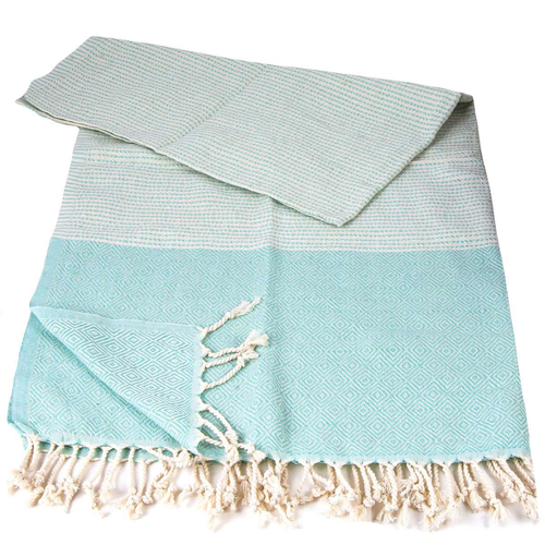 Ręcznik peshtemal miętowy z kremowymi pasami i frędzlami