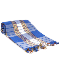 Ręcznik peshtemal niebieski w kratę z kolorowymi frędzlami