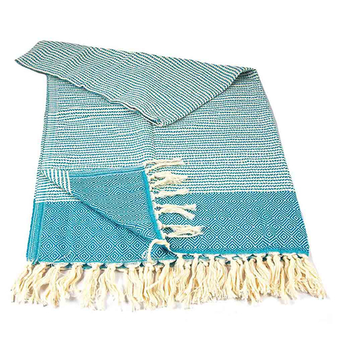 Ręcznik peshtemal turkusowo-miętowy z frędzlami i wzorem