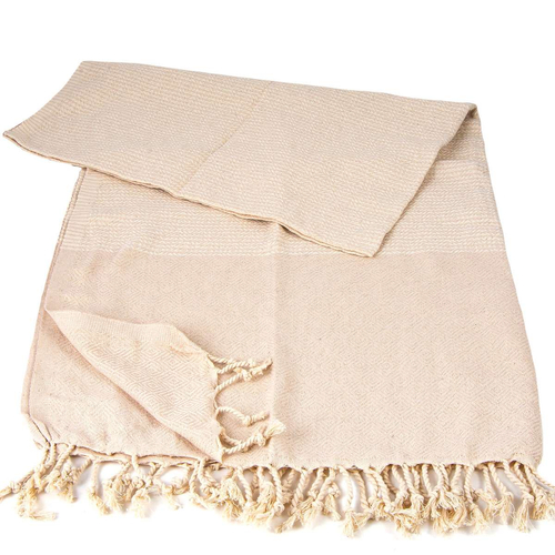 Ręcznik peshtemal beżowy z kremowymi pasami i frędzlami