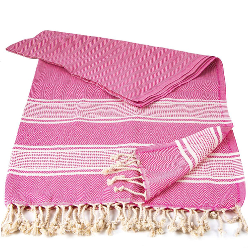 Ręcznik peshtemal różowy z kremowymi pasami i frędzlami