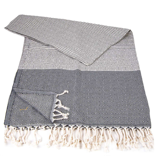 Ręcznik peshtemal ciemnoszary z kremowymi pasami i frędzlami