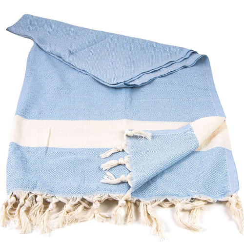 Ręcznik peshtemal błękitny z kremowym pasem i frędzlami