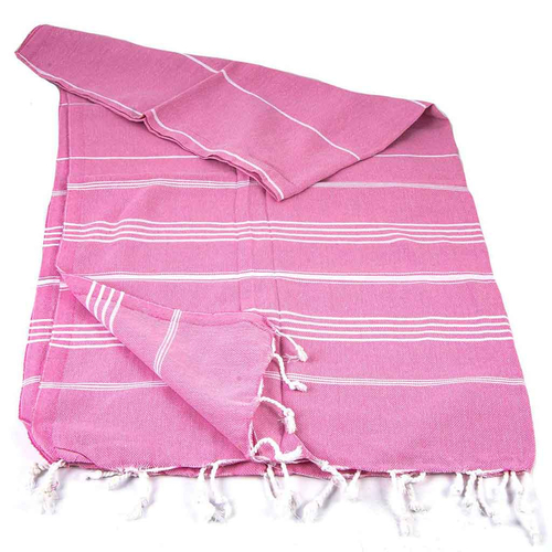 Ręcznik peshtemal różowy w białe paski z frędzlami