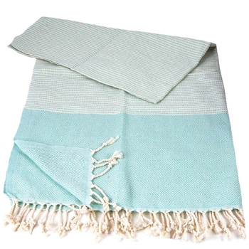 Ręcznik peshtemal miętowy z kremowymi pasami i frędzlami
