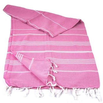 Ręcznik peshtemal różowy w białe paski z frędzlami