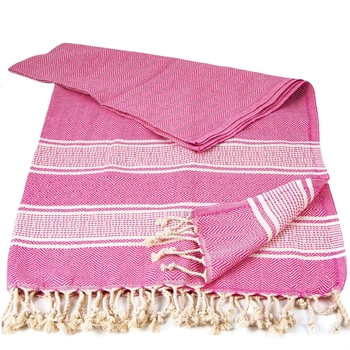 Ręcznik peshtemal różowy z kremowymi pasami i frędzlami
