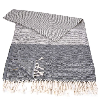 Ręcznik peshtemal ciemnoszary z kremowymi pasami i frędzlami