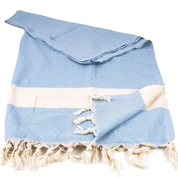 Ręcznik peshtemal błękitny z kremowym pasem i frędzlami
