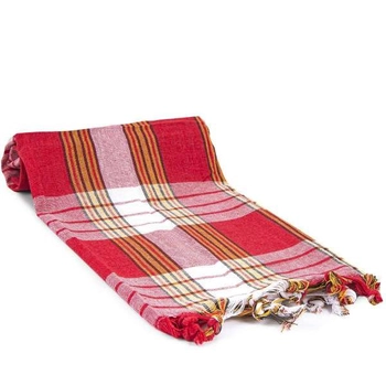 Ręcznik peshtemal czerwony w kratę z ozdobnymi frędzlami